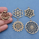 5 Chakra Charms Set, Raw Brass Sacred Geometry, Mandala Charms, Spiritual Yoga Pendants, Raw Brass findings