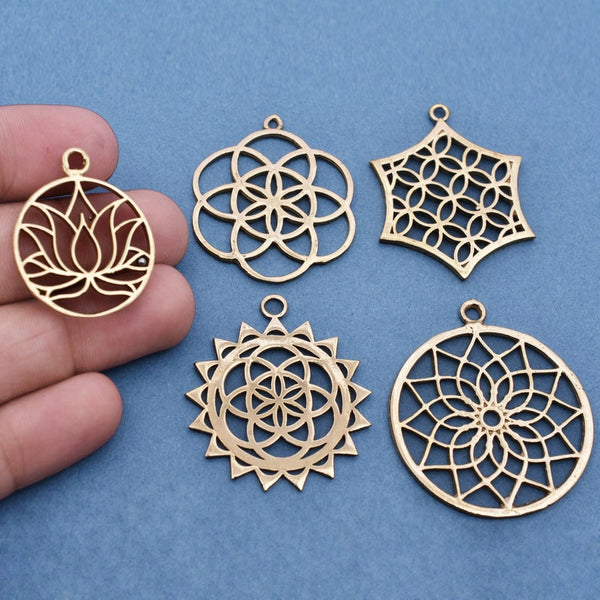 5 Chakra Charms Set, Raw Brass Sacred Geometry, Mandala Charms, Spiritual Yoga Pendants, Raw Brass findings
