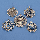 5 Chakra Charms Set, Raw Brass Sacred Geometry, Zen Charms, Spiritual Yoga Pendants, Raw Brass findings