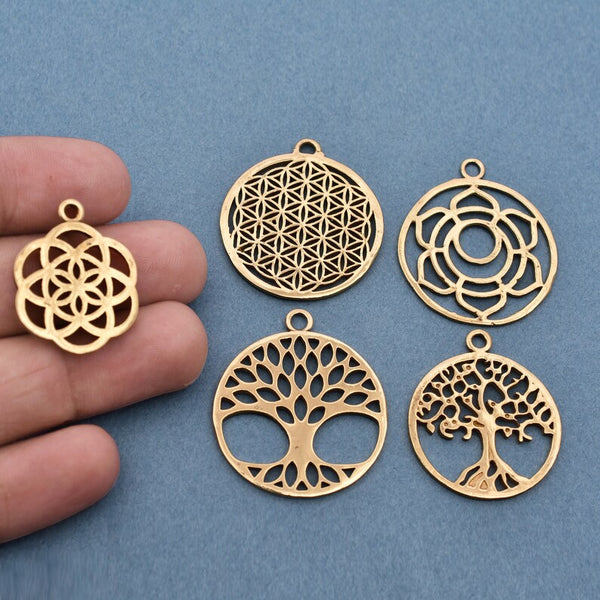5 Chakra Charms Set, Raw Brass Sacred Geometry, Zen Charms, Spiritual Yoga Pendants, Raw Brass findings