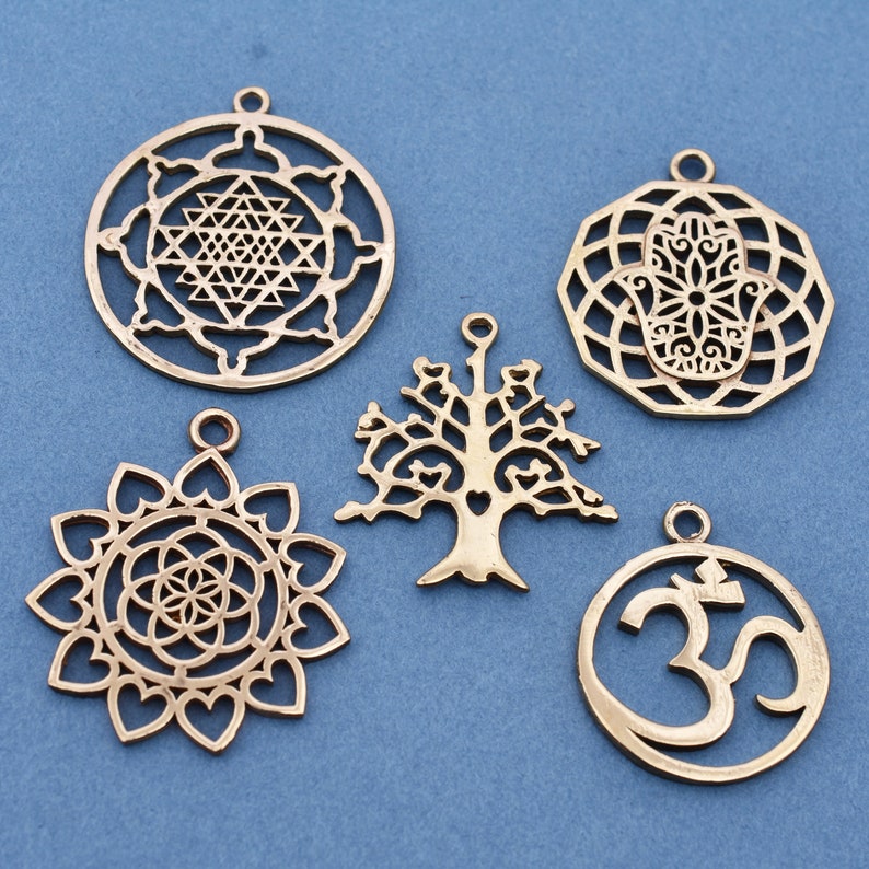 5 Chakra Charms Set, Raw Brass Sacred Geometry, Mandala Charms, Spiritual Yoga Pendants, Raw Brass findings