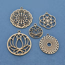 5 Chakra Charms Set, Raw Brass Sacred Geometry, Mandala Charms, Spiritual Yoga Pendants, Raw Brass findings