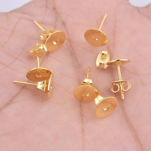 8mm Gold Plated Flat Pad Earrings Studs - 30pcs