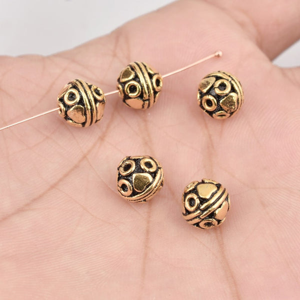 9mm Antique Gold Plated Round Bali Spacer Beads