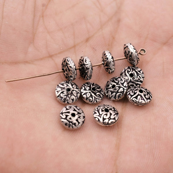 Antique Silver Plated 8mm Floral Print Engraved Saucer Beads