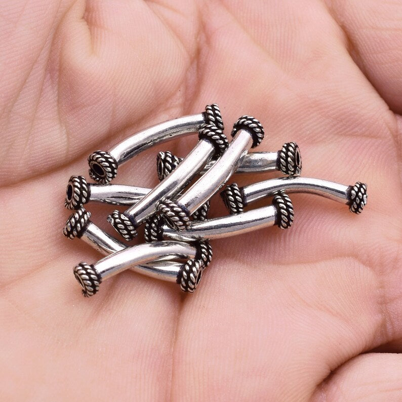 Antique Silver Plated Curved Tube Beads - 21mm
