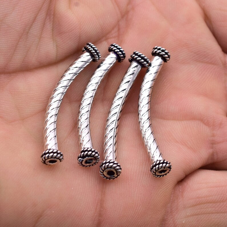 Silver Plated Curved Tube Pipe Beads - 40mm