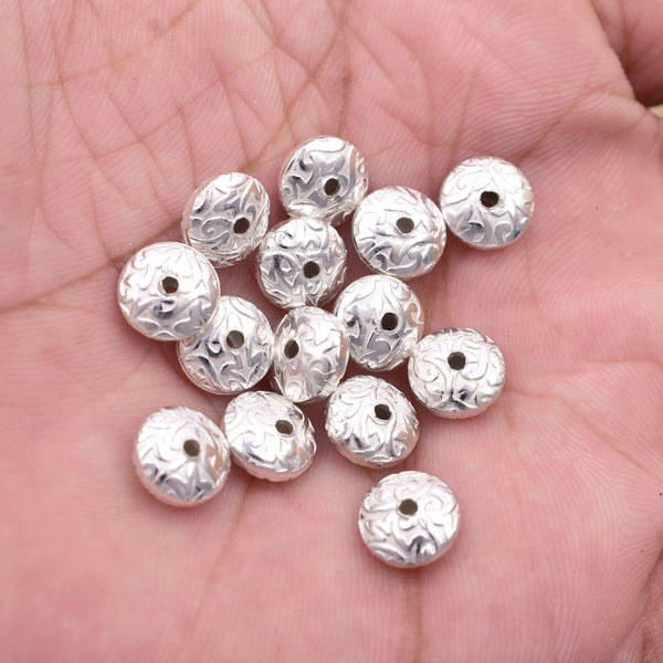 Silver Plated 8mm Floral Print Engraved Saucer Beads
