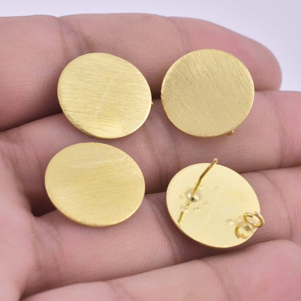 18mm Gold Plated Textured Round Ear Studs Earring Connector- 4pcs