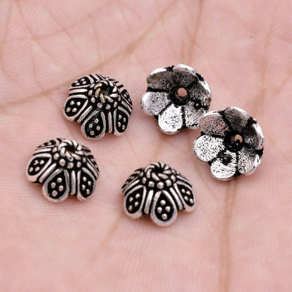 Bead Caps for Jewelry Making - 30 Pcs 8mm 925 Silver Spacer Beads Caps,  Bali Style Tibetan Alloy Flower Caps Bead End Caps Loose Beads for DIY