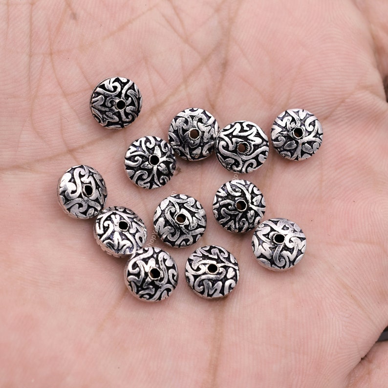 Antique Silver Plated 8mm Floral Print Engraved Saucer Beads