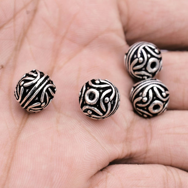10mm Antique Silver Plated Ball Bali Beads - 4pcs