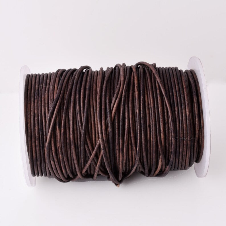 2mm Leather Cord - Vintage Black - Round - Matt Finish - Indian Leather - Wrap Bracelet Making Findings - Antique Color Natural Dye