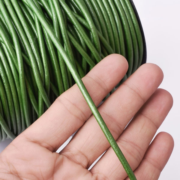 3mm Metallic Green Leather Cord - Round - Premium Quality - Indian Leather - Wrap Bracelet Making Findings Lead Free - Necklace Making