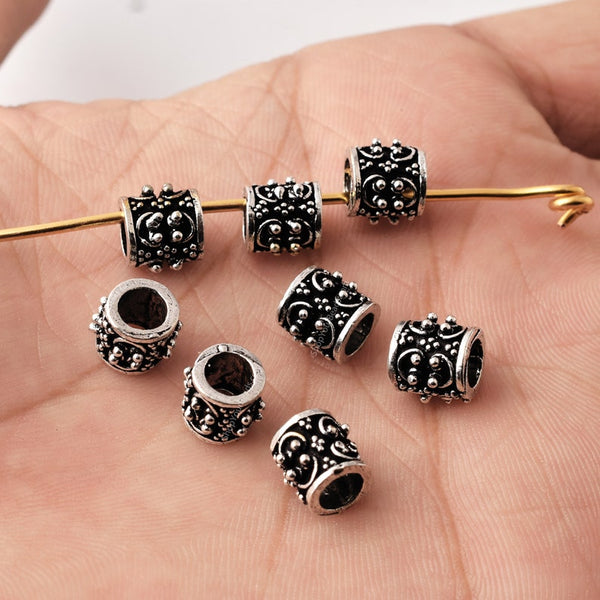 Antique Silver Plated Cylinder Barrel Bali Beads - 8x8mm