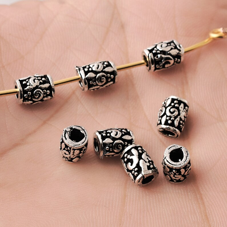 Antique Silver Plated Cylinder Tube Bali Beads - 6x8mm