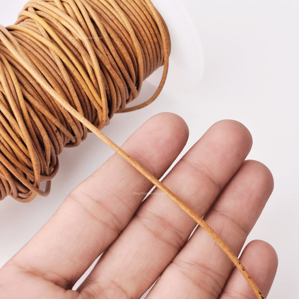 2mm Leather Cord - Antique Yellow Brown - Round - Matt Finish - Indian Leather - Wrap Bracelet Making Findings - Antique Color Natural Dye