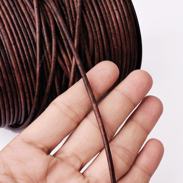 3mm Light Brown Leather Cord - Round - Distressed Matt Finish - Indian Leather - Wrap Bracelet Making Findings - Antique Color - Natural Dye