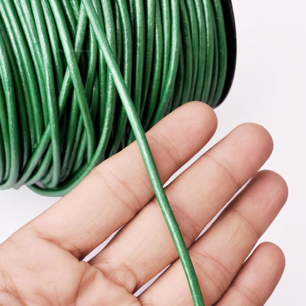 3mm Metallic Leaf Green Leather Cord - Round - Premium Quality - Indian Leather - Wrap Bracelet Making Findings Lead Free - Necklace Making