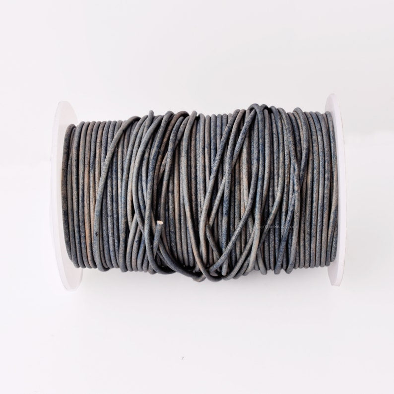 2mm Leather Cord - Vintage Sky Blue - Round - Matt Finish - Indian Leather - Wrap Bracelet Making Findings - Antique Color Natural Dye