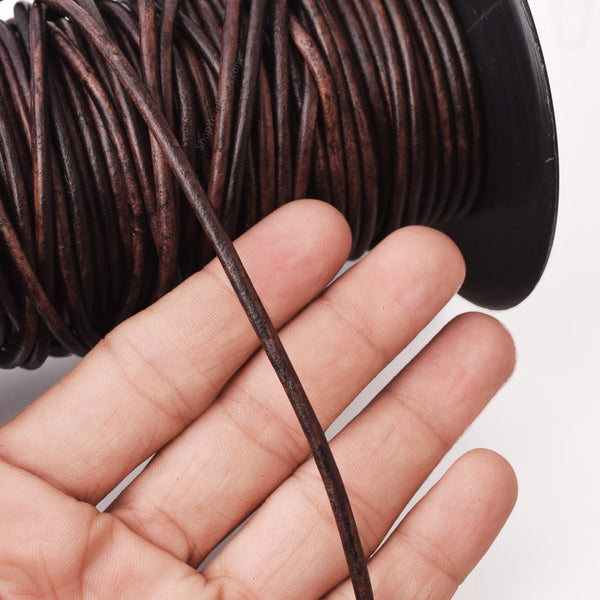 3mm Leather Cord - Dark Distress Brown - Round - Matt Finish - Indian