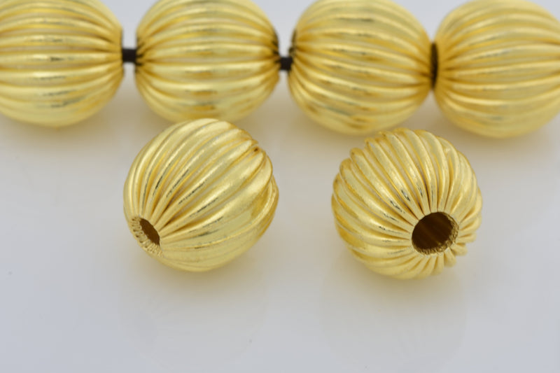 12mm 6pc Gold Beads, Real Gold Plated Corrugated Ball Beads, Shiny Gold  Spacer Beads 