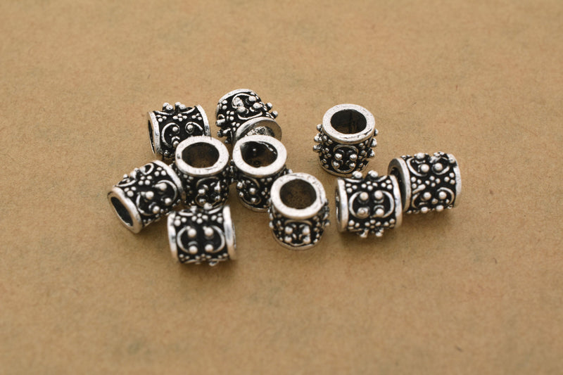 Antique Silver Plated Cylinder Barrel Bali Beads - 8x8mm