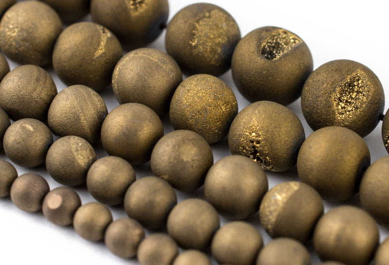 8mm Gold Druzy Agate Beads: Full Strand, Electroplated Round Matte Gemstone Beads - Full 15.5" Strands - Wholesale Available