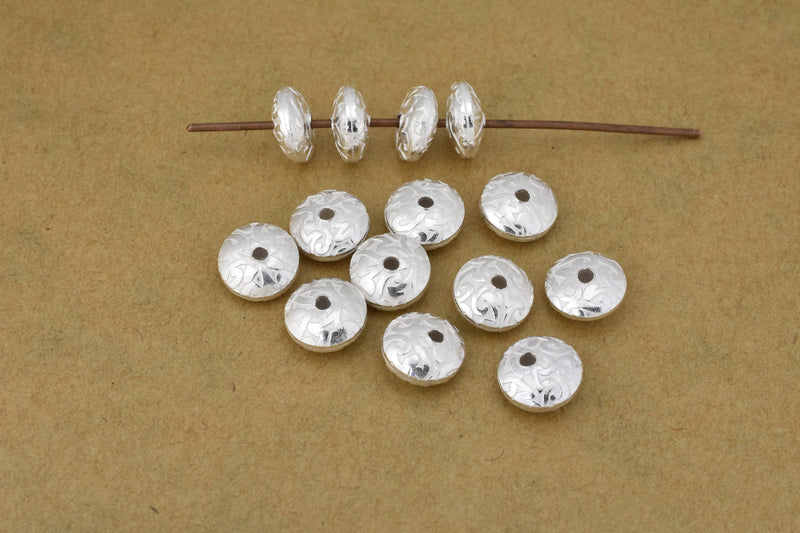 Silver Floral Print Saucer Beads For Jewelry Makings 