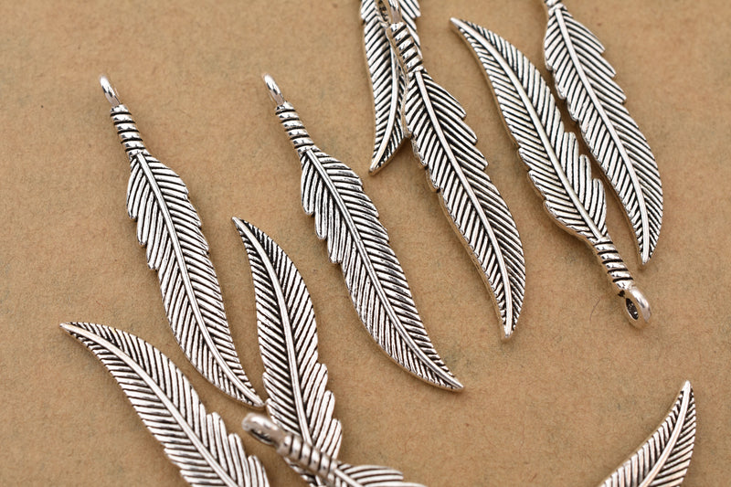 Antique Silver Plated Feather Charm - 38x7mm