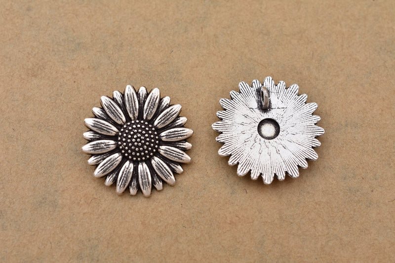 2 Silver Flower Charms, flower motif, artisan findings, Kumihimo findings, Leather wrap bracelet, 20mm for wrap jewelry