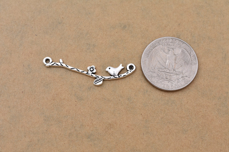 Antique Silver Plated Bird on Branch Pendant Charms