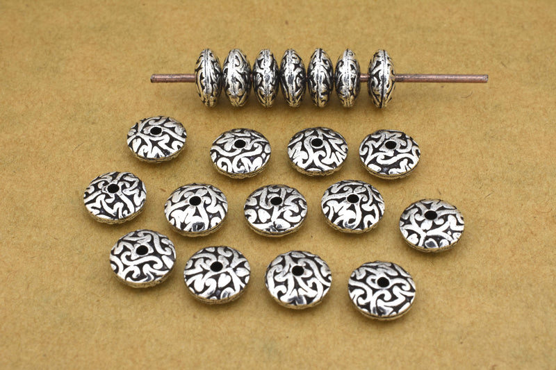 Antique Silver Floral Print Saucer Beads For Jewelry Makings 