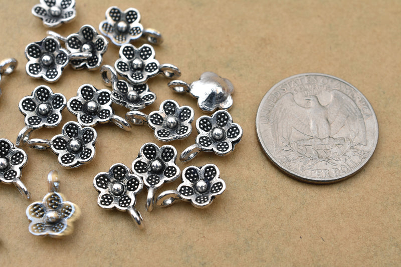 Antique Silver Plated Flower Charms - 14mm