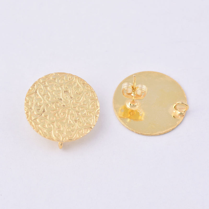 Gold Filigree Textured Round Ear Studs For Earring Makings